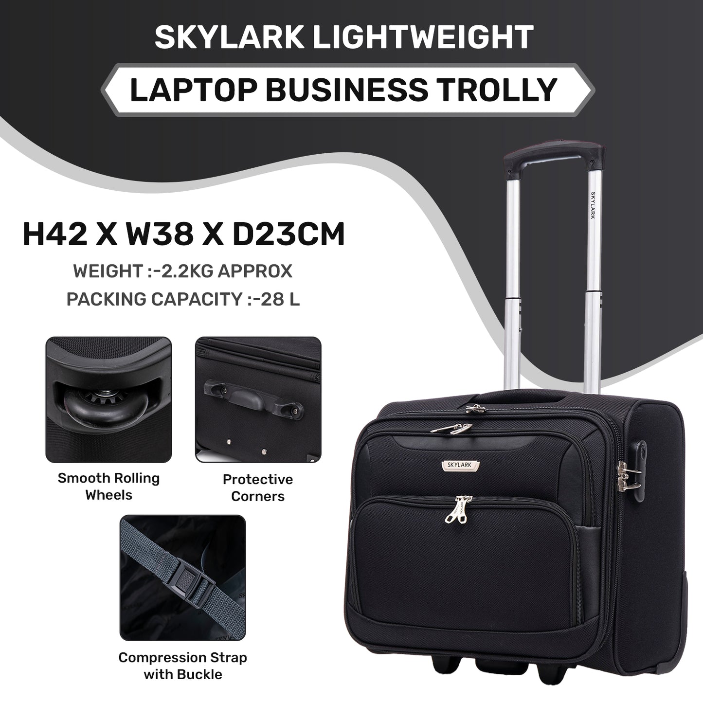 Skylark Lightweight Laptop Bag with Quick-Rolling Wheels and Easy-Access Front Pocket - fits Laptops up to 16 inch (40 cm), Black (BT200)