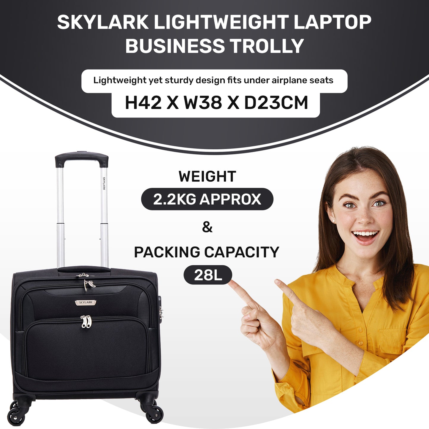 Skylark Lightweight Laptop Bag with Quick-Rolling Wheels and Easy-Access Front Pocket - fits Laptops up to 16 inch (40 cm),(BT400)
