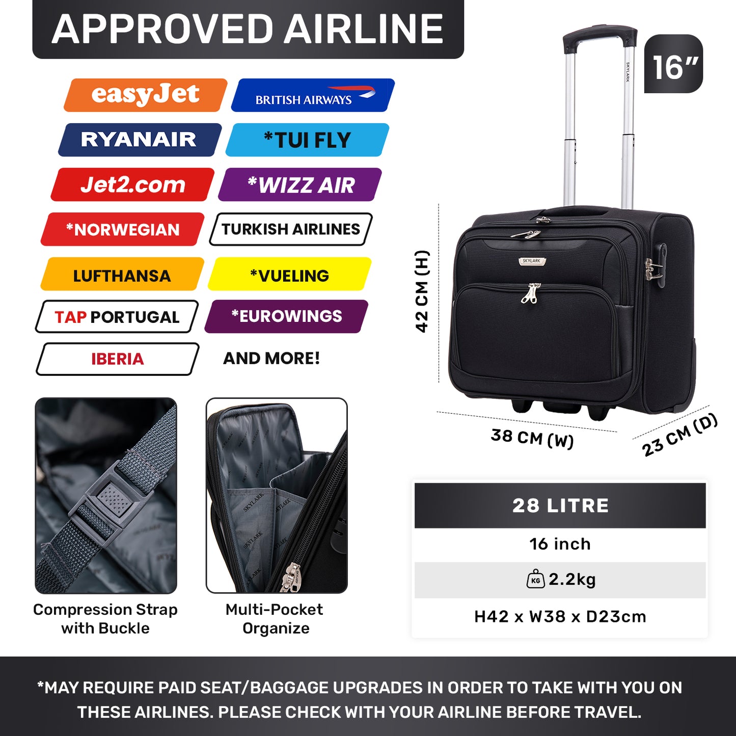 Skylark Lightweight Laptop Bag with Quick-Rolling Wheels and Easy-Access Front Pocket - fits Laptops up to 16 inch (40 cm), Black (BT200)